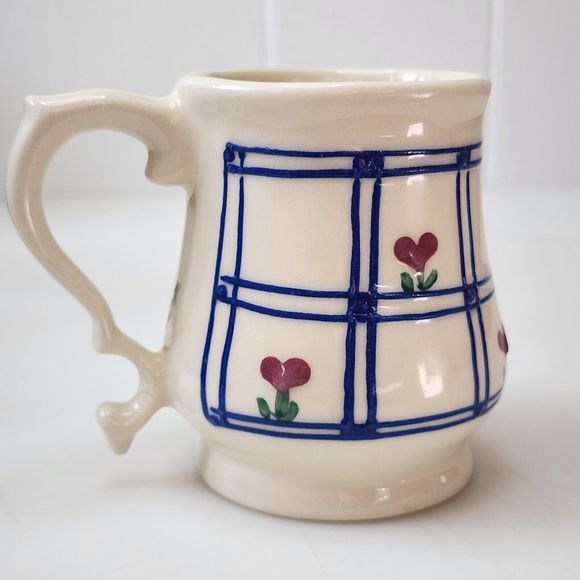 Vintage Hartstone USA Pottery Coffee Mug With Plaid And Heart Shape Flowers - Picture 11 of 14